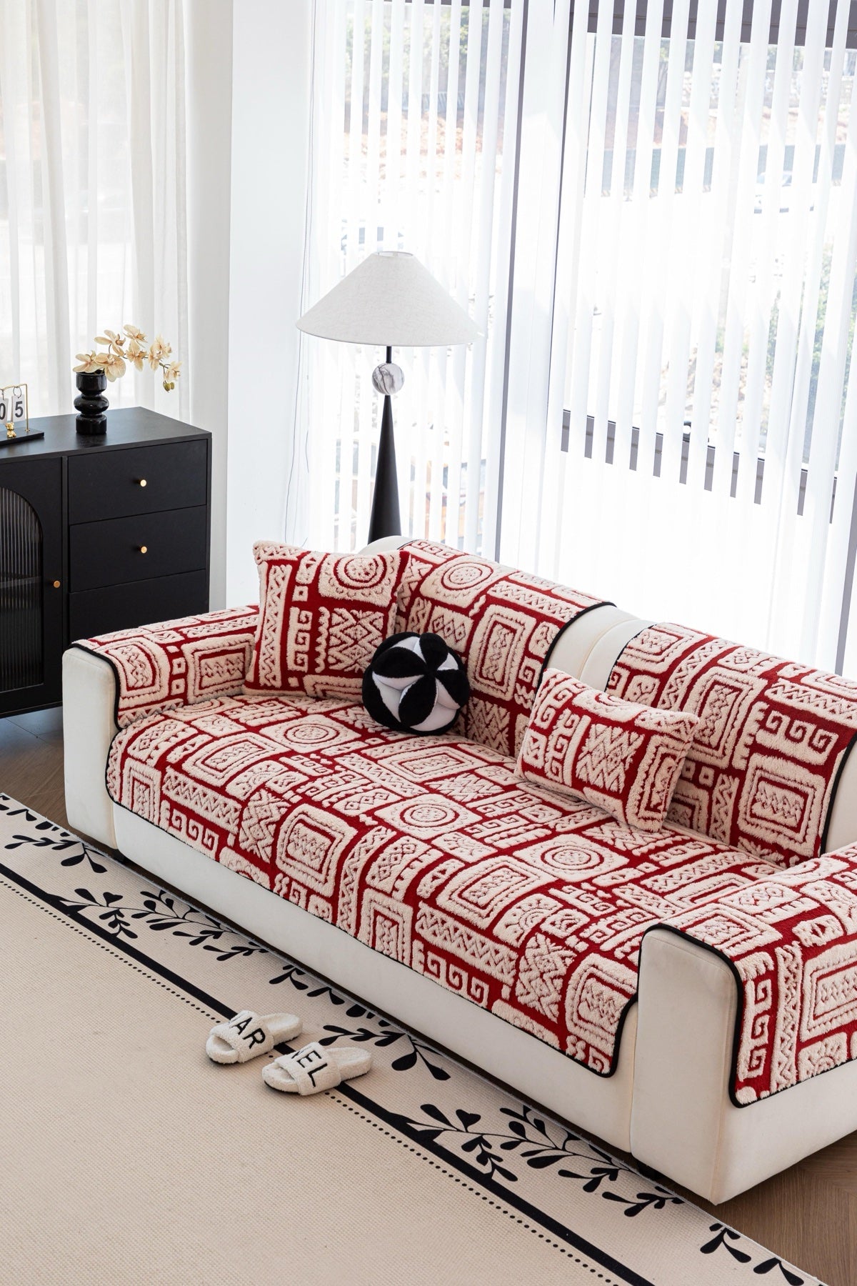 Decor Cedar Elara Geometric Plush Sofa Seat Cover in Terracotta Red - detail image for geometric plush couch cover pieces in United States