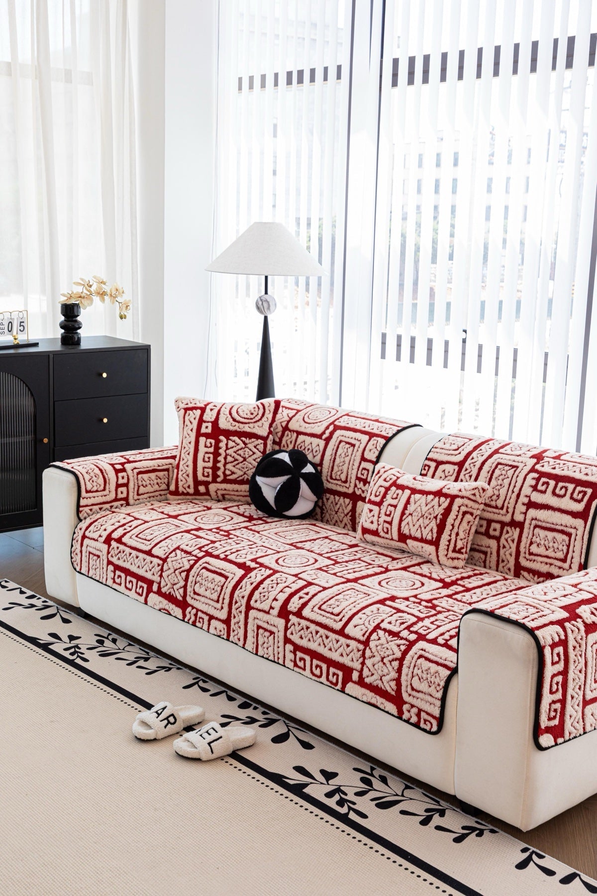 Decor Cedar Elara Geometric Plush Sofa Seat Cover in Terracotta Red - detail image for geometric plush couch cover pieces in United States