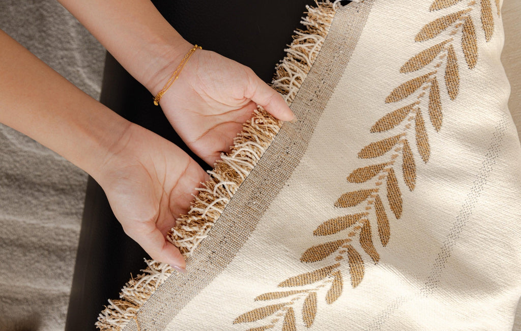 Decor Cedar Elowen Olive Border Sofa Throw Cover in Olive Border - olive border sofa throw cover hand and drape closeup in United States, image 24