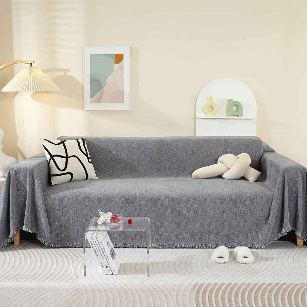 Decor Cedar Slate Chenille Tassel Sofa Cover lifestyle product image for weather resistant sofa cover in United States - Pet-Friendly