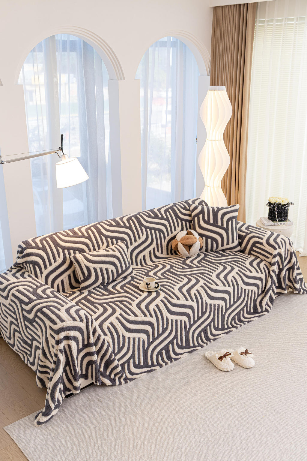 Decor Cedar Riviera Wave Stripe Sofa Cover in Gray Cream - styled sofa image for plush patterned couch covers in United States