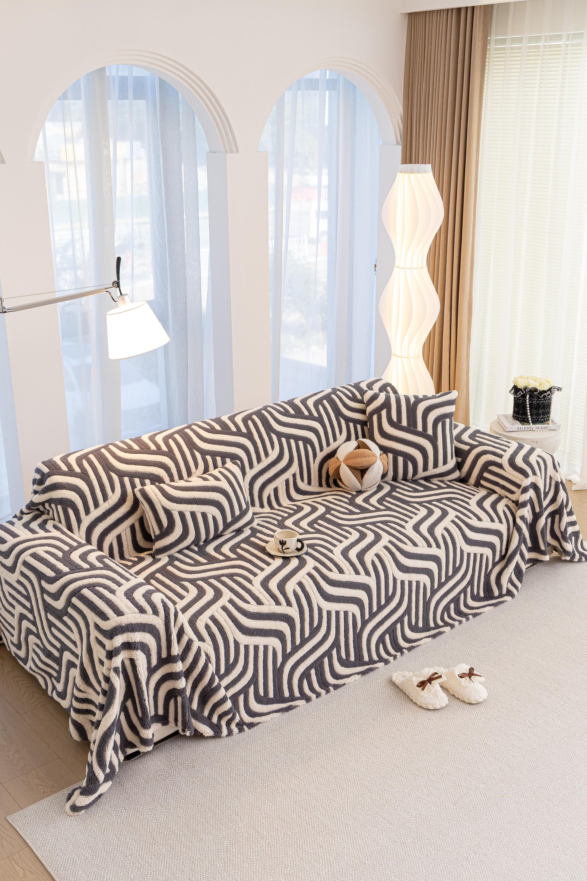 Decor Cedar Riviera Wave Stripe Sofa Cover in Gray Cream - styled sofa image for plush patterned couch covers in United States