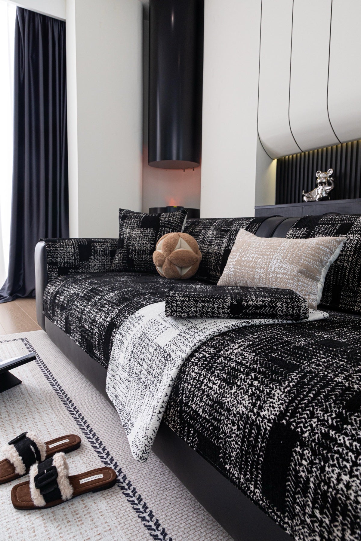 Decor Cedar Hampton Plaid Jacquard Sofa Seat Cover in Charcoal Black Plaid - styled sofa image for plaid sofa seat covers in United States