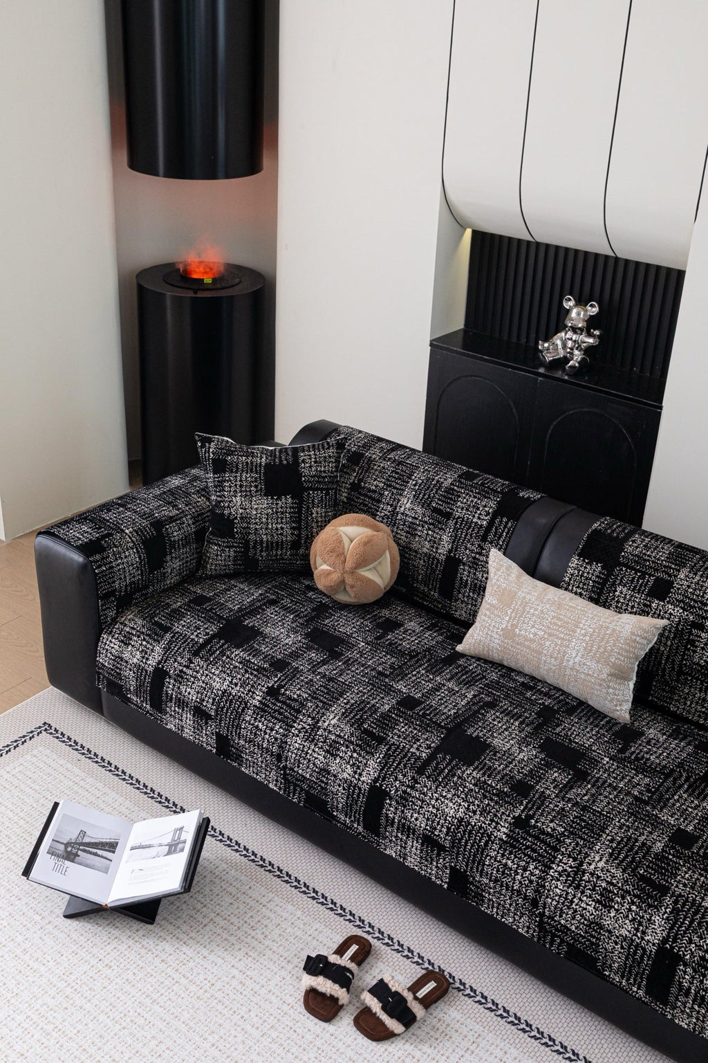 Decor Cedar Hampton Plaid Jacquard Sofa Seat Cover in Charcoal Black Plaid - styled sofa image for plaid sofa seat covers in United States