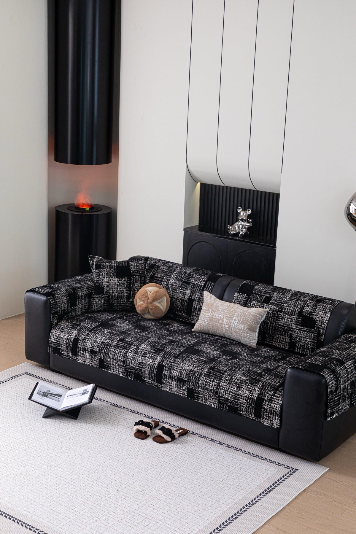 Decor Cedar Hampton Plaid Jacquard Sofa Seat Cover in Charcoal Black Plaid - styled sofa image for plaid sofa seat covers in United States