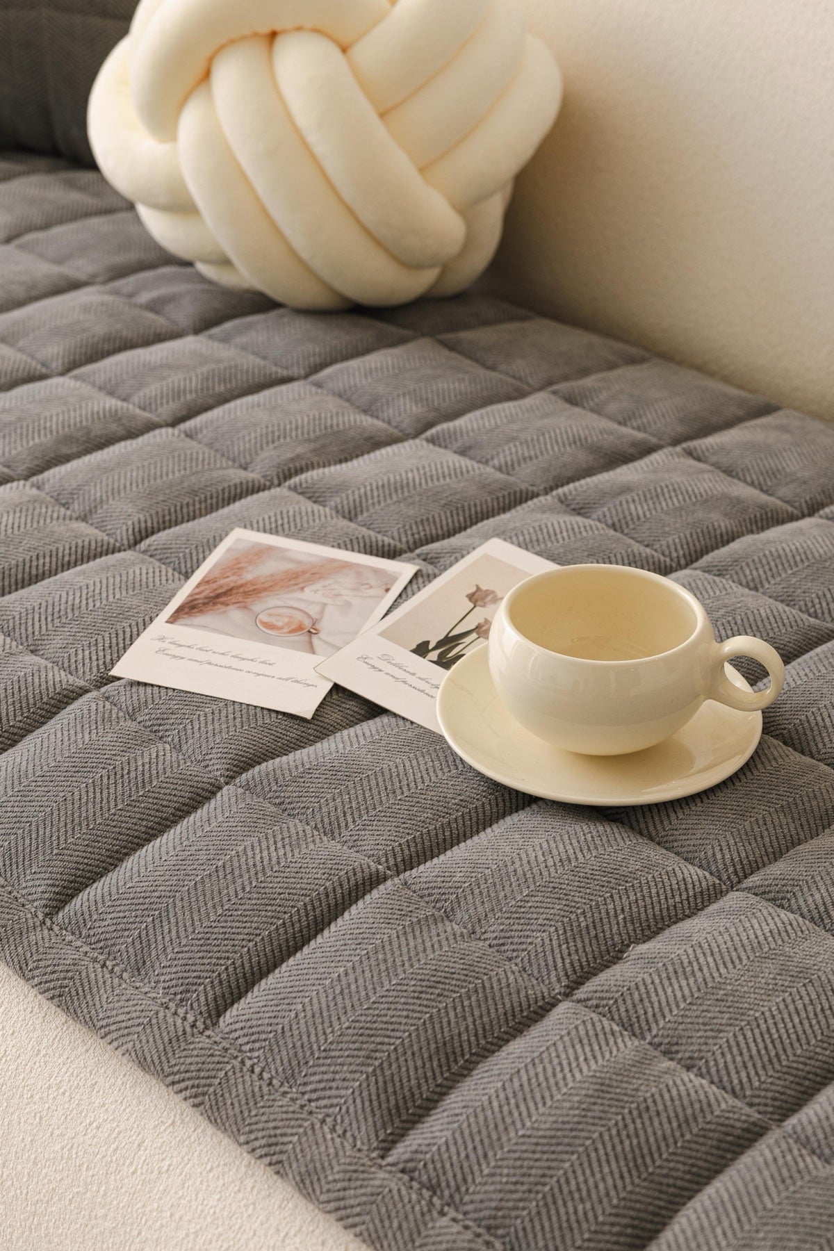 Decor Cedar Haven Quilted Corduroy Sofa Cover Piece in Charcoal Gray - close sofa seat styling view for quilted corduroy sofa cover pieces in United States, image 8