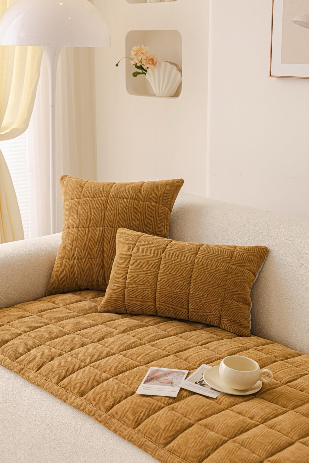 Decor Cedar Haven Quilted Corduroy Sofa Cover Piece in Ochre Gold - styled quilted sofa cover piece for quilted corduroy sofa cover pieces in United States, image 22