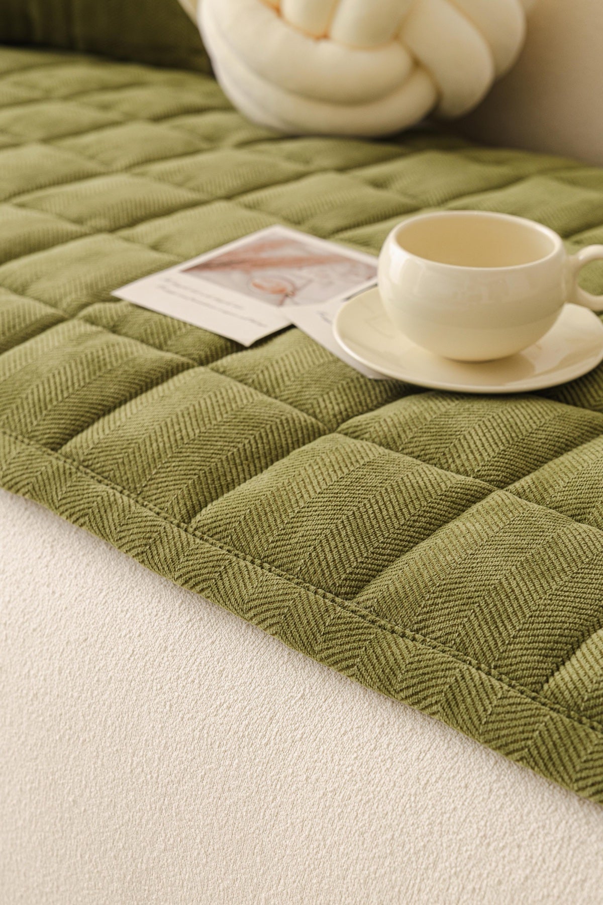 Decor Cedar Haven Quilted Corduroy Sofa Cover Piece in Olive Green - close sofa seat styling view for quilted corduroy sofa cover pieces in United States, image 35