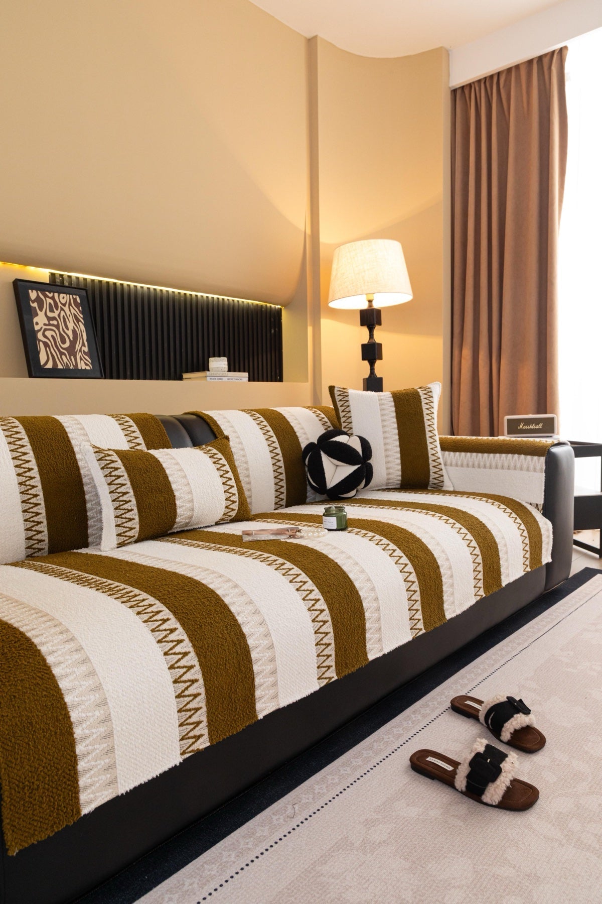 Decor Cedar Marlow Plush Stripe Sofa Seat Cover in Caramel Brown Stripe - lifestyle image for plush striped couch cover pieces in United States
