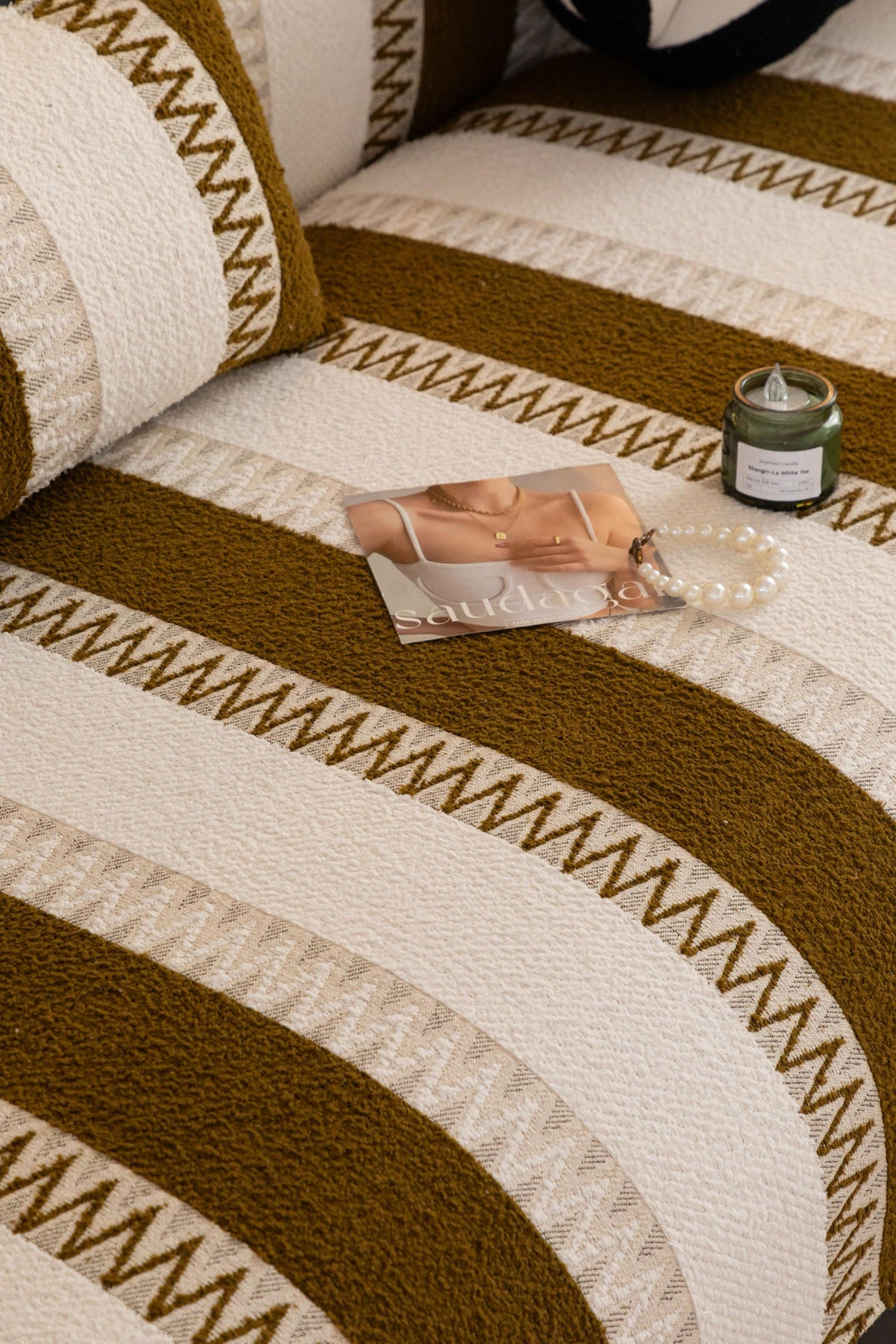 Decor Cedar Marlow Plush Stripe Sofa Seat Cover in Caramel Brown Stripe - detail image for plush striped couch cover pieces in United States