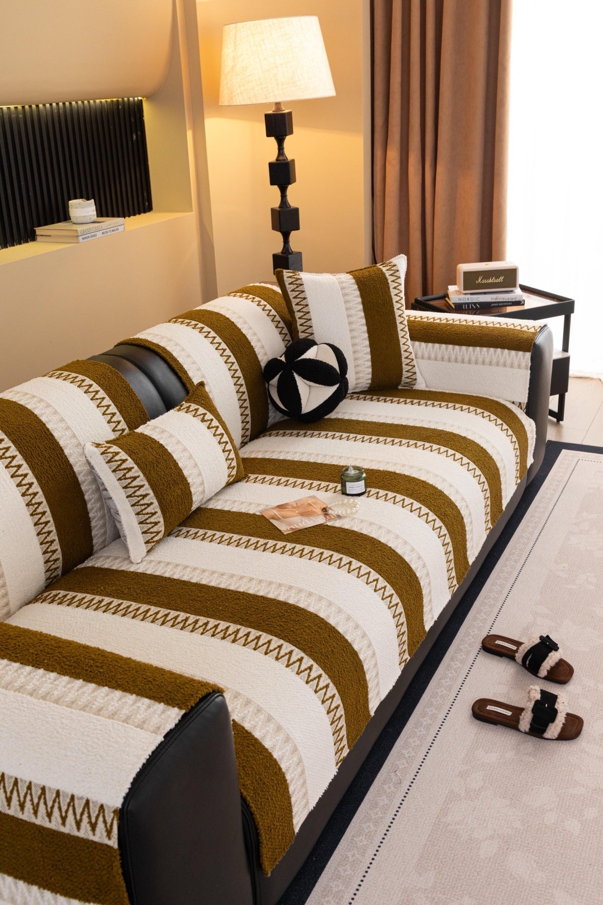 Decor Cedar Marlow Plush Stripe Sofa Seat Cover in Caramel Brown Stripe - detail image for plush striped couch cover pieces in United States