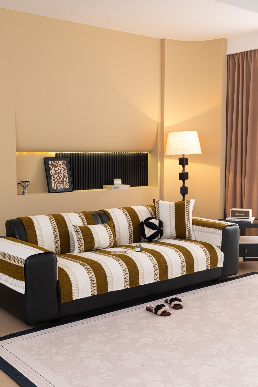 Decor Cedar Marlow Plush Stripe Sofa Seat Cover in Caramel Brown Stripe - detail image for plush striped couch cover pieces in United States