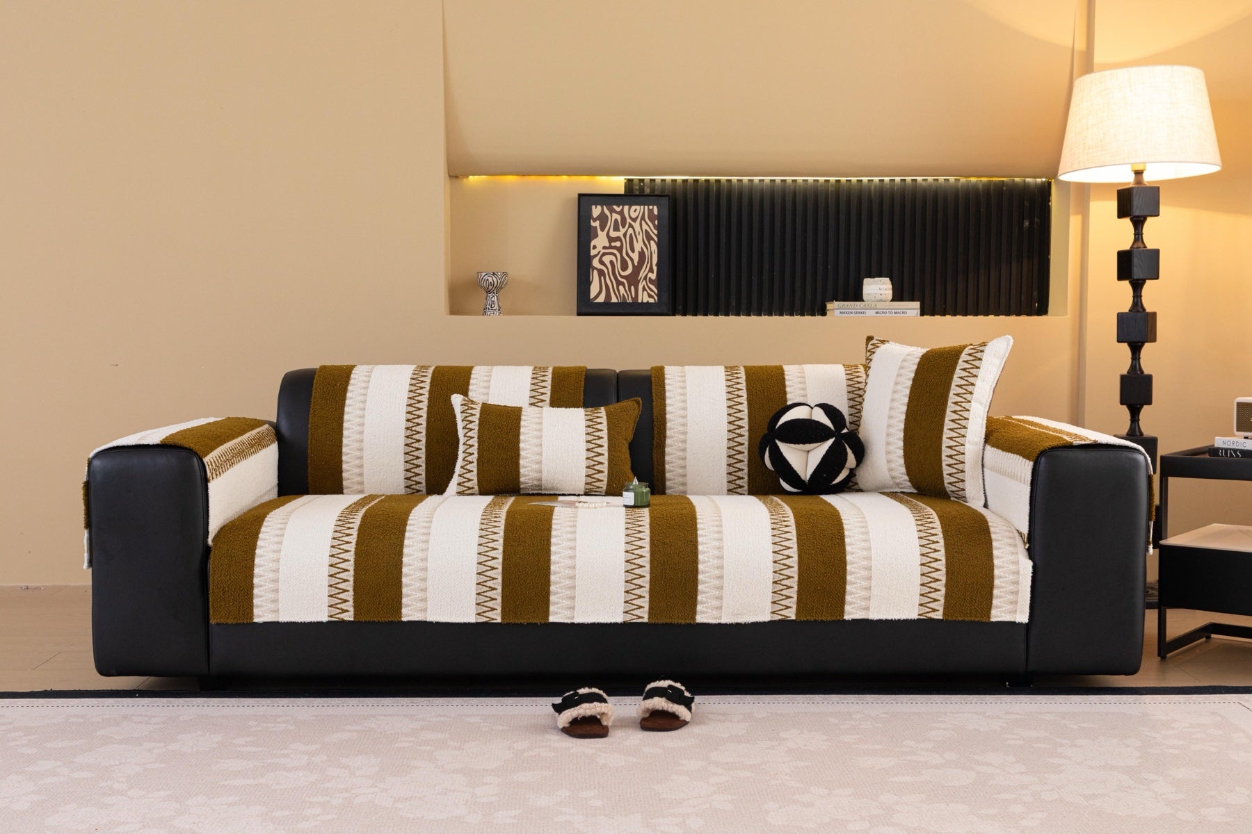 Decor Cedar Marlow Plush Stripe Sofa Seat Cover in Caramel Brown Stripe - detail image for plush striped couch cover pieces in United States