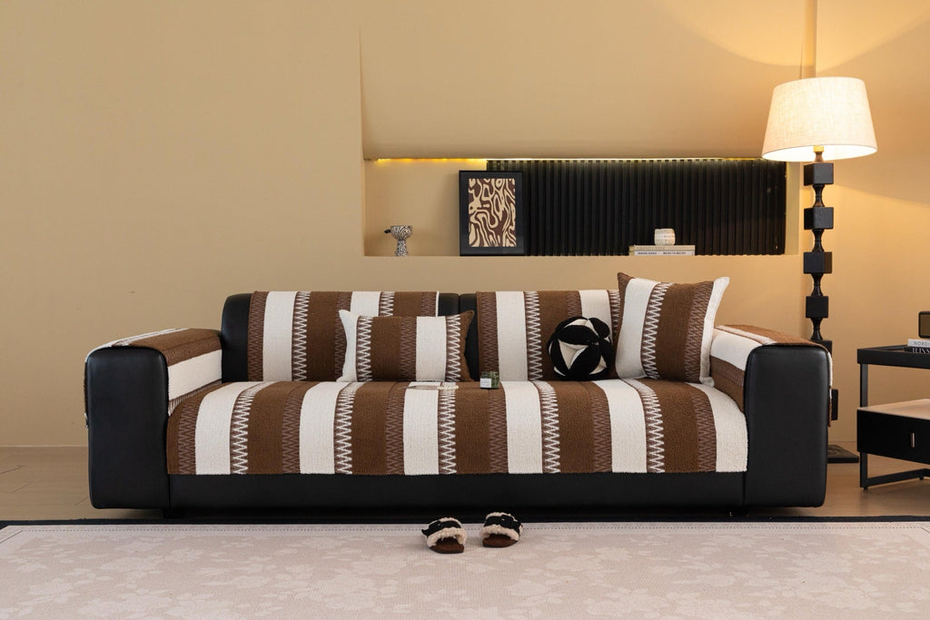 Decor Cedar Marlow Plush Stripe Sofa Seat Cover in Mocha Brown Stripe - lifestyle image for plush striped couch cover pieces in United States