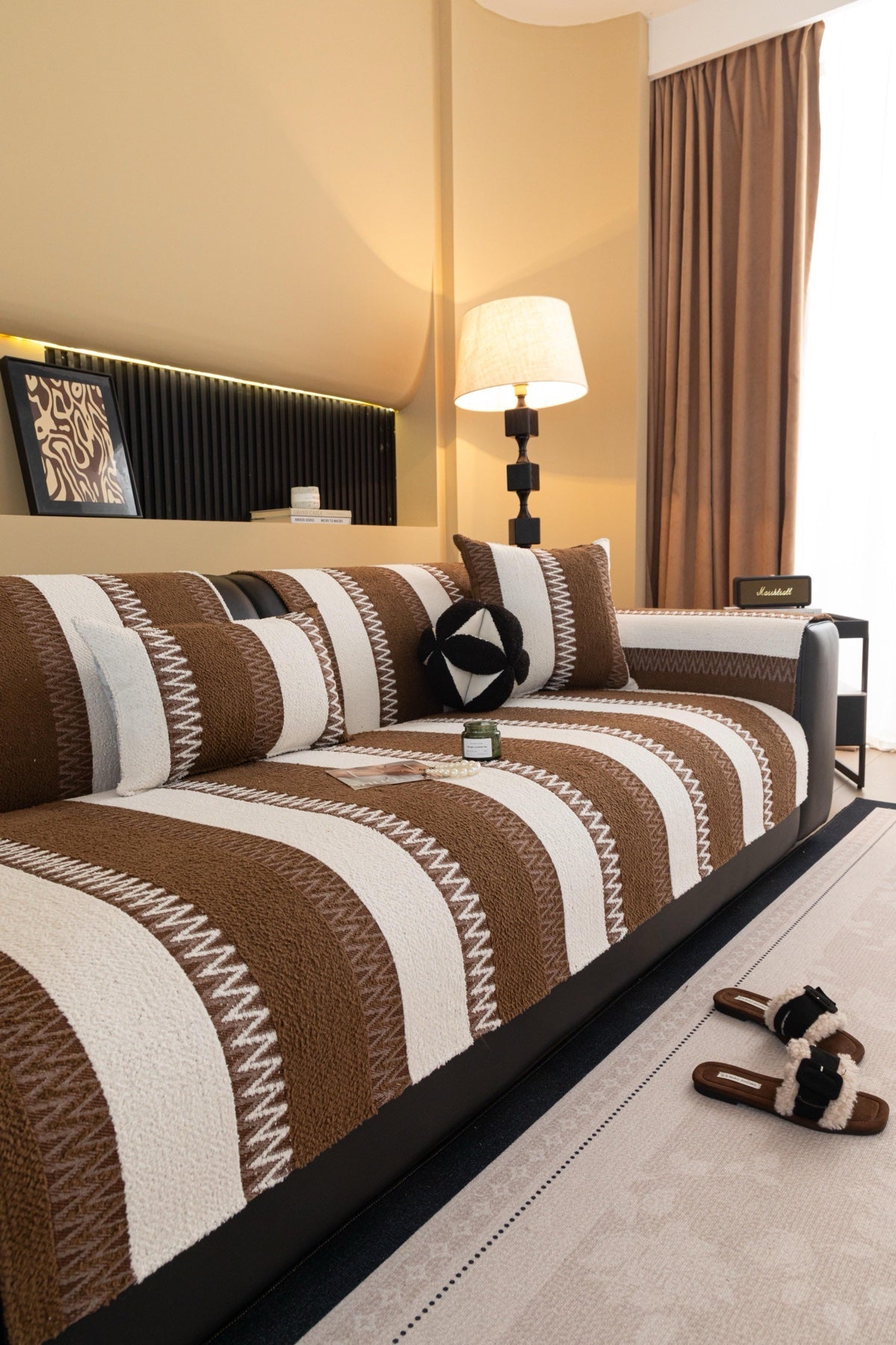 Decor Cedar Marlow Plush Stripe Sofa Seat Cover in Mocha Brown Stripe - detail image for plush striped couch cover pieces in United States