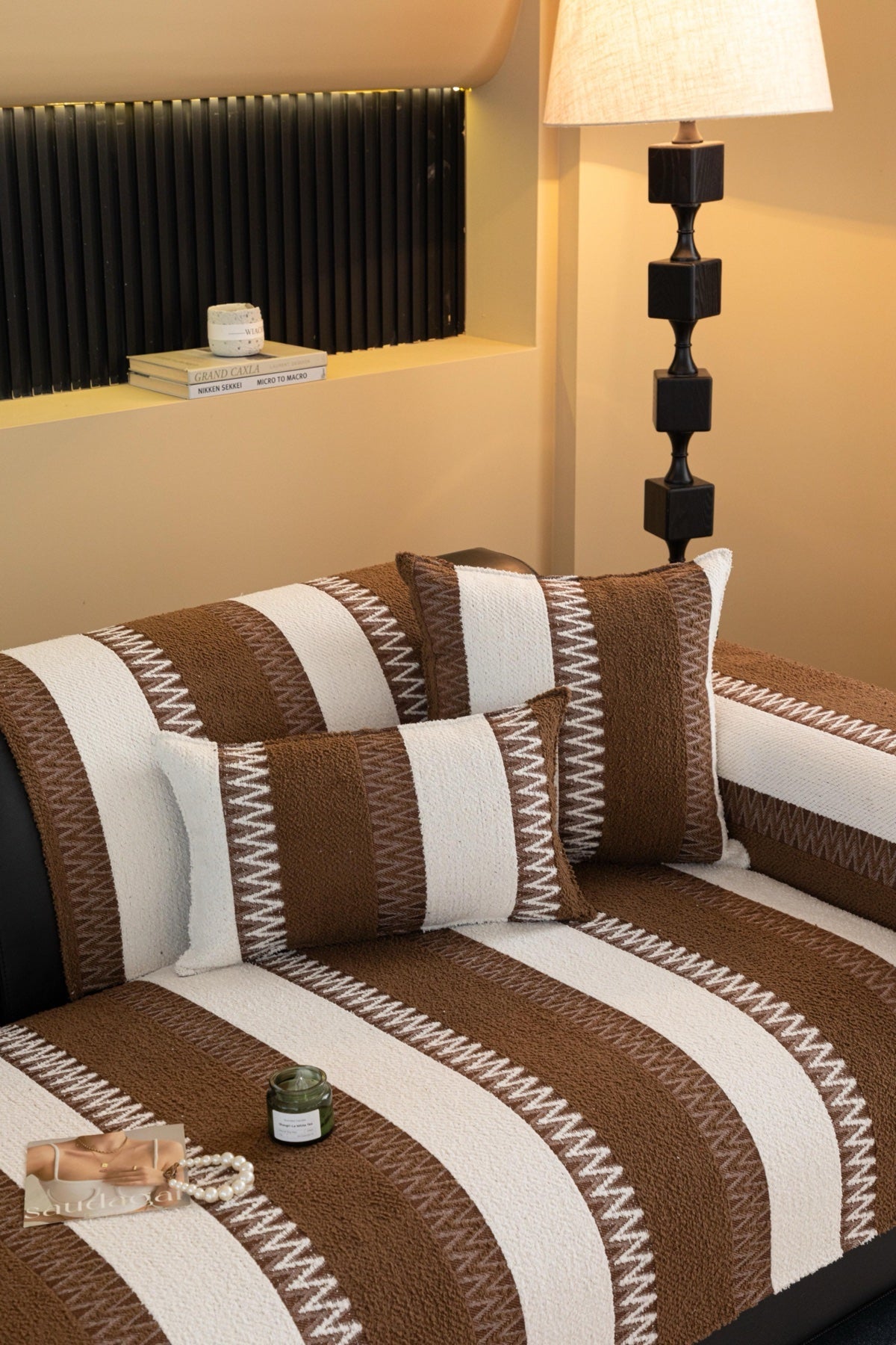 Decor Cedar Marlow Plush Stripe Sofa Seat Cover in Mocha Brown Stripe - detail image for plush striped couch cover pieces in United States