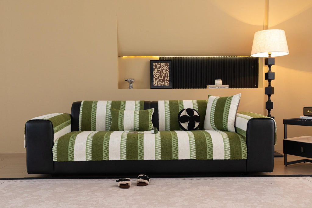 Decor Cedar Marlow Plush Stripe Sofa Seat Cover in Olive Green Stripe - lifestyle image for plush striped couch cover pieces in United States