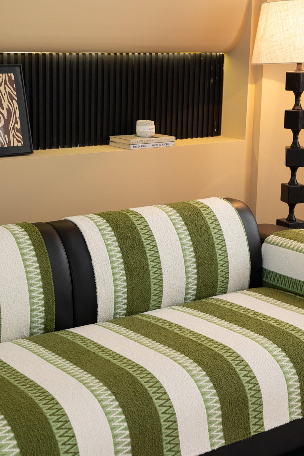 Decor Cedar Marlow Plush Stripe Sofa Seat Cover in Olive Green Stripe - detail image for plush striped couch cover pieces in United States