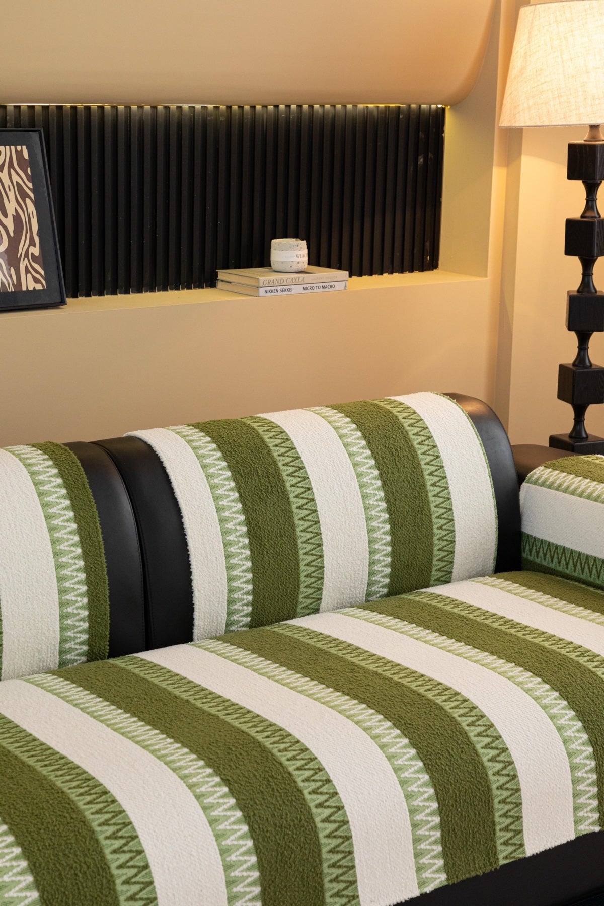 Decor Cedar Marlow Plush Stripe Sofa Seat Cover in Olive Green Stripe - detail image for plush striped couch cover pieces in United States