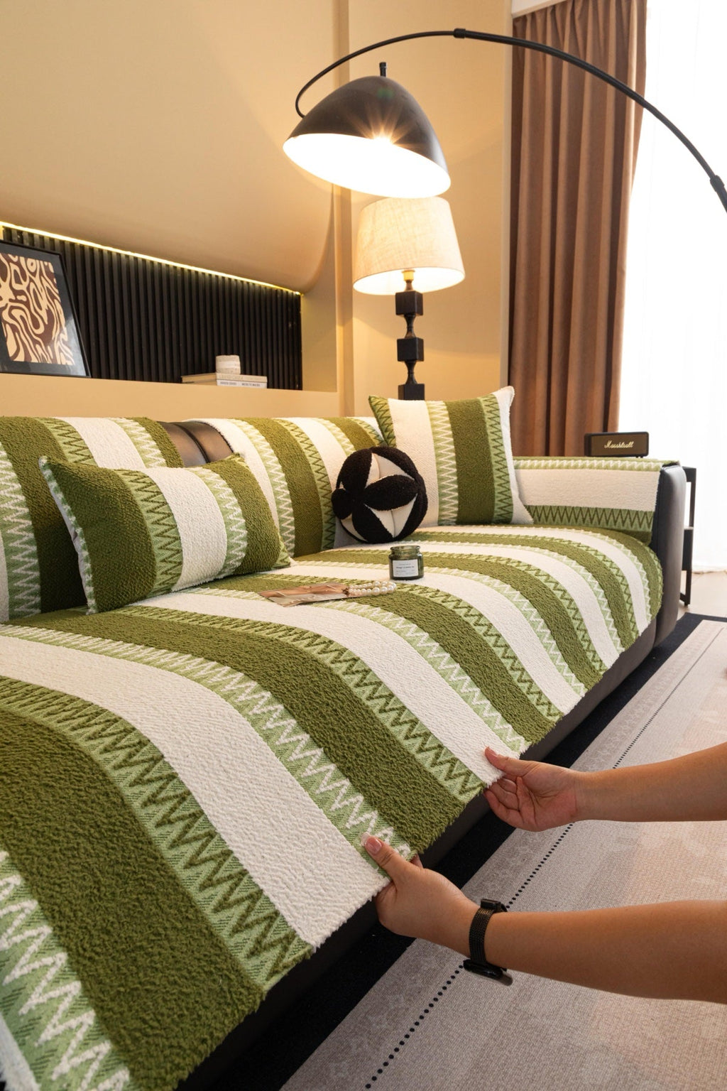 Decor Cedar Marlow Plush Stripe Sofa Seat Cover in Olive Green Stripe - detail image for plush striped couch cover pieces in United States