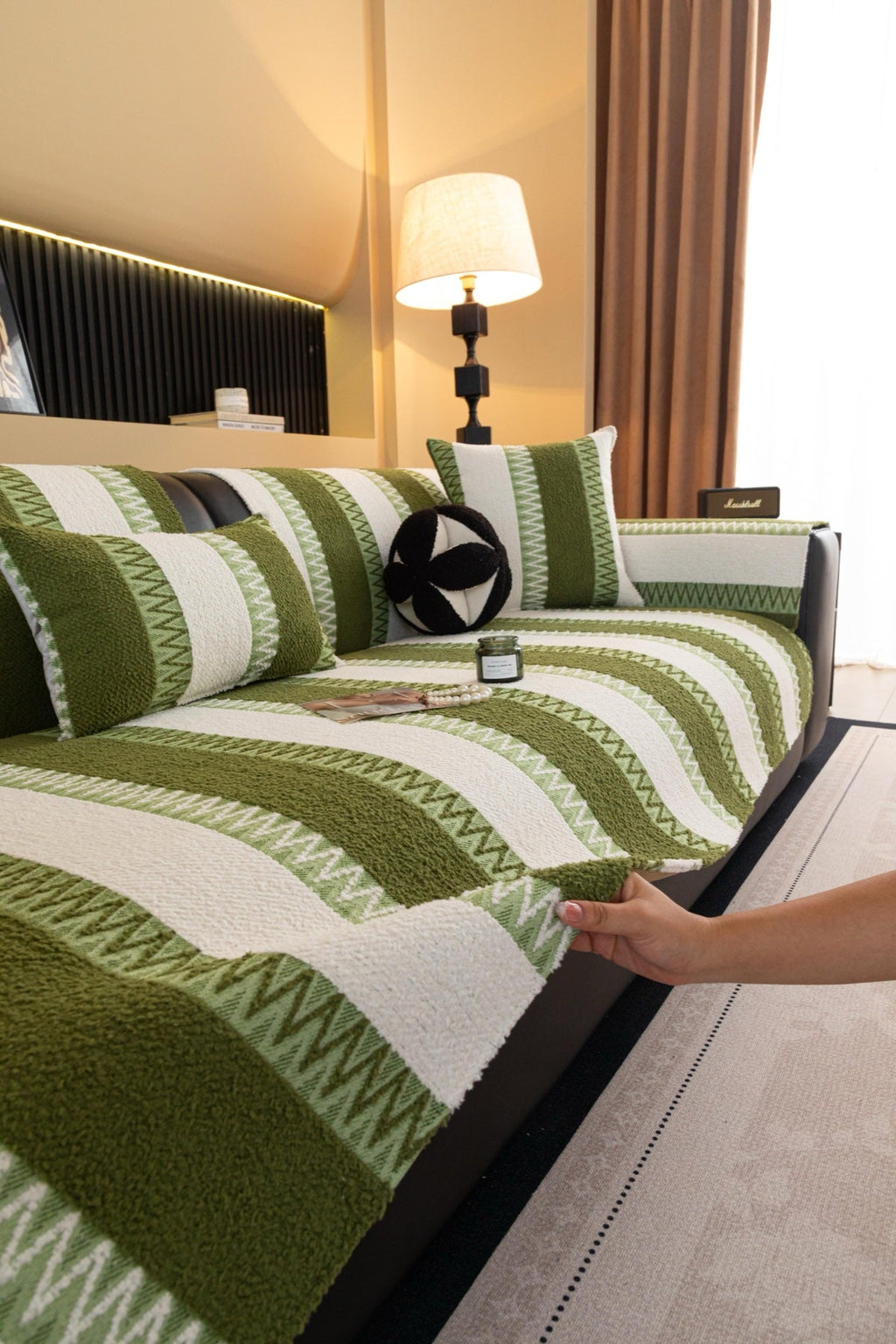 Decor Cedar Marlow Plush Stripe Sofa Seat Cover in Olive Green Stripe - detail image for plush striped couch cover pieces in United States