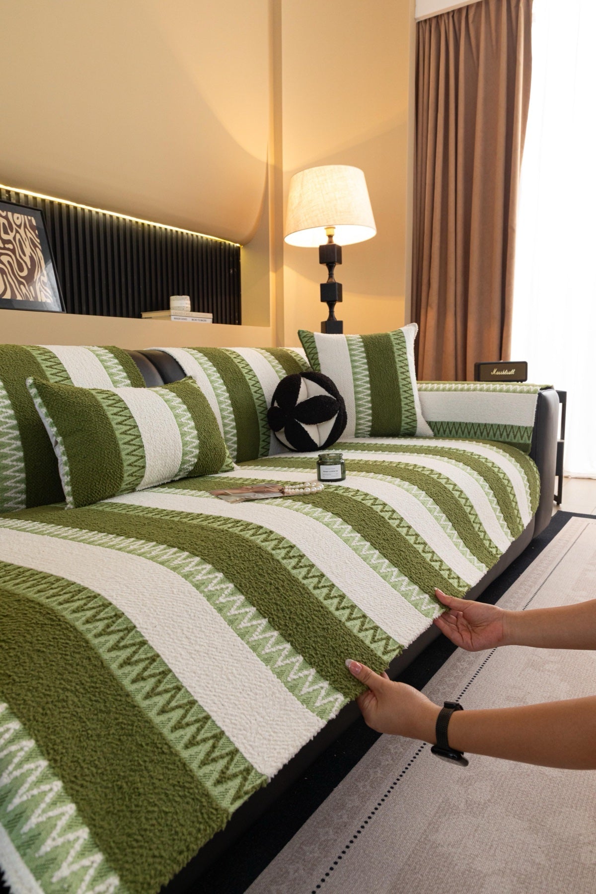 Decor Cedar Marlow Plush Stripe Sofa Seat Cover in Olive Green Stripe - detail image for plush striped couch cover pieces in United States