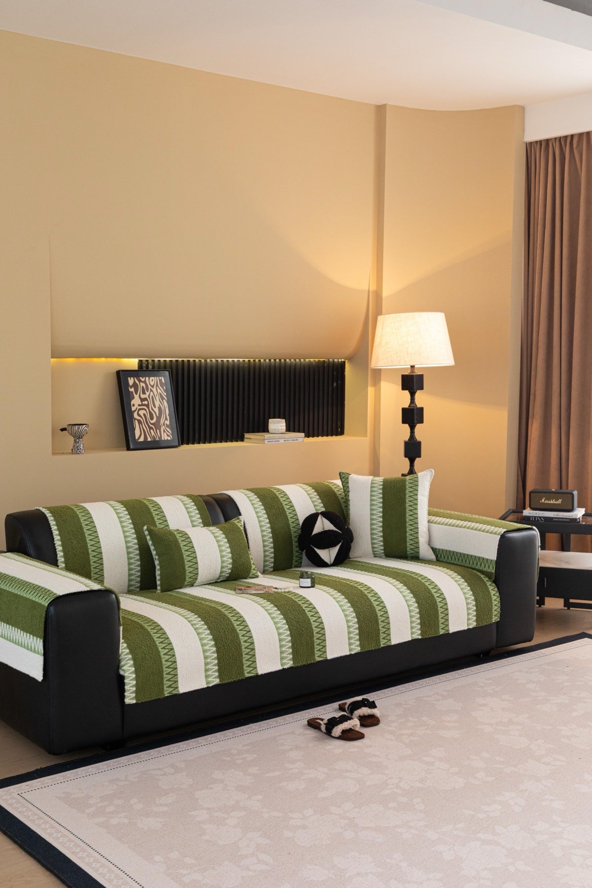 Decor Cedar Marlow Plush Stripe Sofa Seat Cover in Olive Green Stripe - detail image for plush striped couch cover pieces in United States