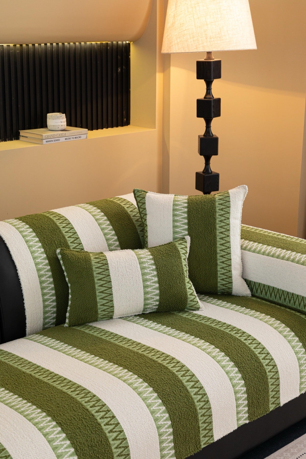 Decor Cedar Marlow Plush Stripe Sofa Seat Cover in Olive Green Stripe - detail image for plush striped couch cover pieces in United States