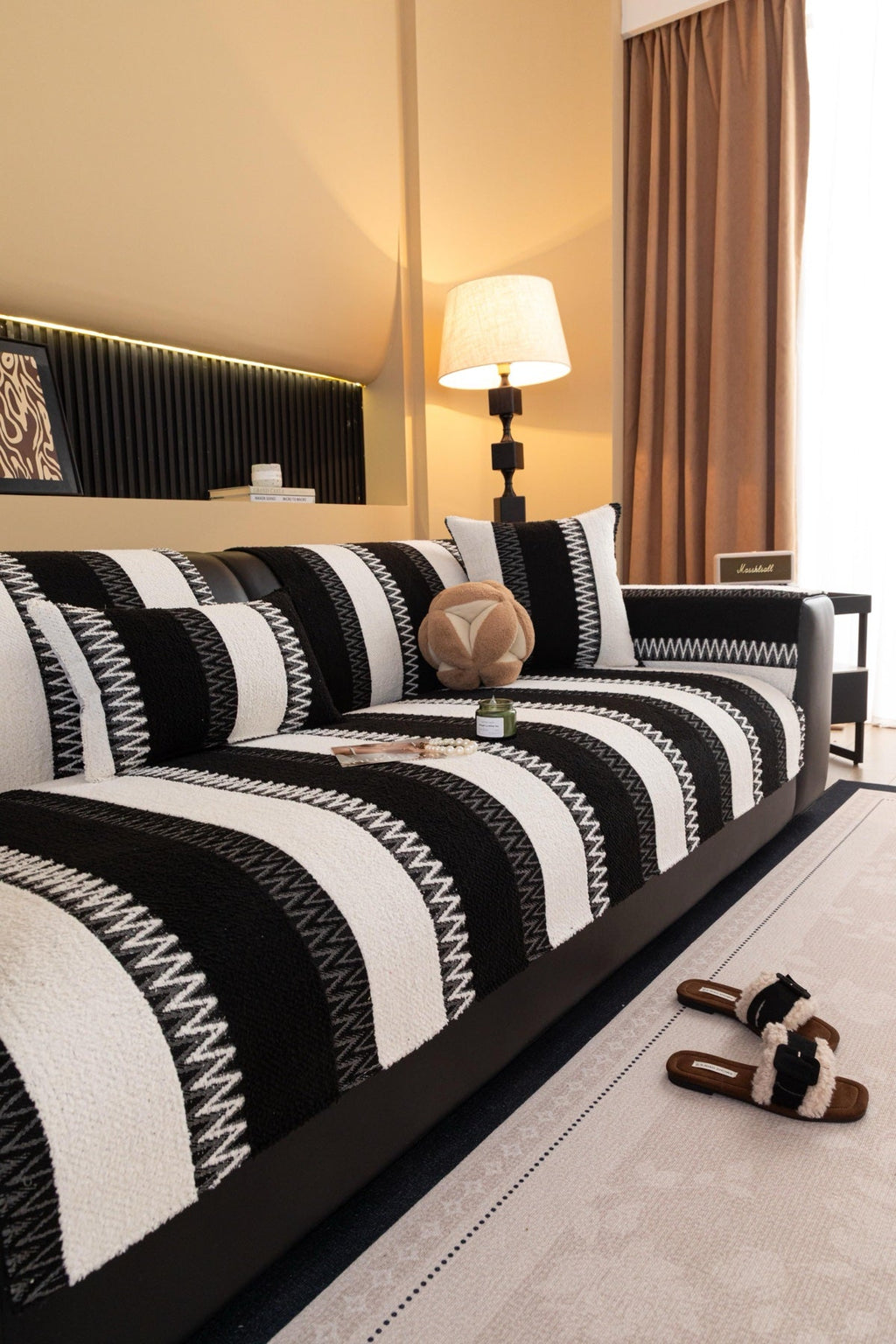 Decor Cedar Marlow Plush Stripe Sofa Seat Cover in Onyx Black Stripe - detail image for plush striped couch cover pieces in United States