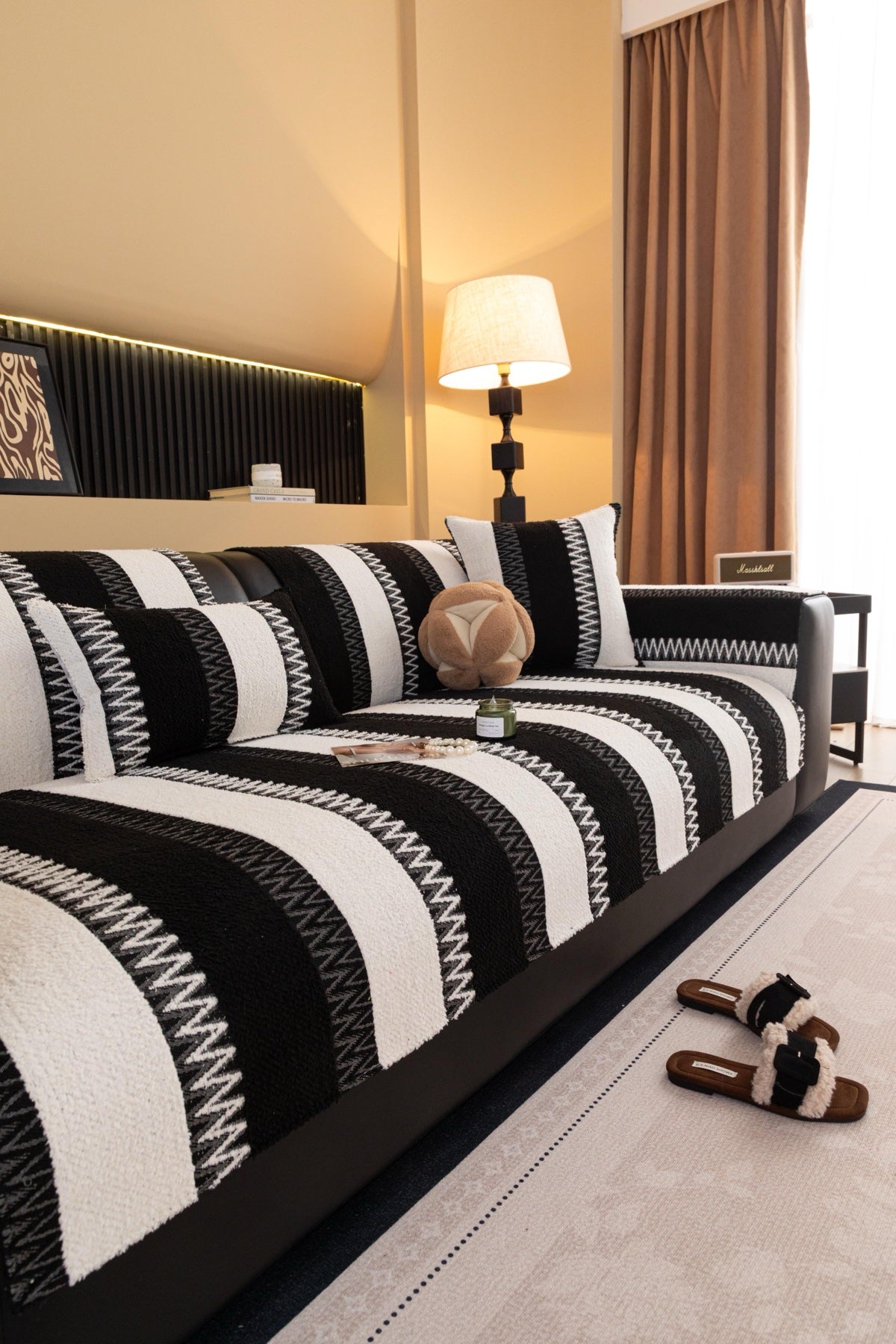 Decor Cedar Marlow Plush Stripe Sofa Seat Cover in Onyx Black Stripe - detail image for plush striped couch cover pieces in United States