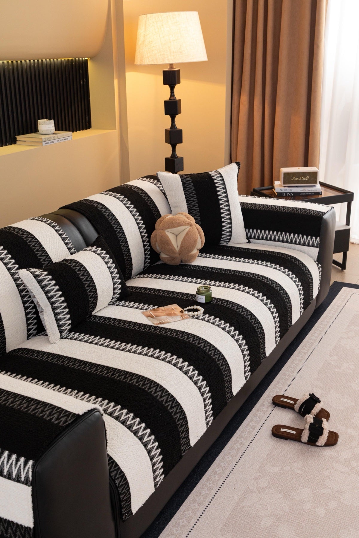 Decor Cedar Marlow Plush Stripe Sofa Seat Cover in Onyx Black Stripe - detail image for plush striped couch cover pieces in United States