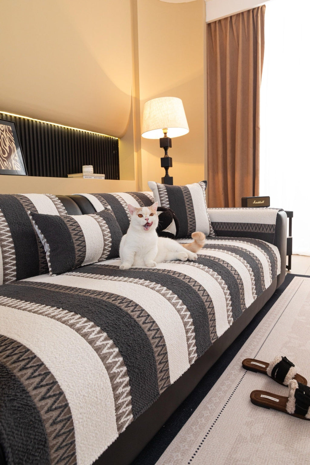 Decor Cedar Marlow Plush Stripe Sofa Seat Cover in Onyx Black Stripe - detail image for plush striped couch cover pieces in United States
