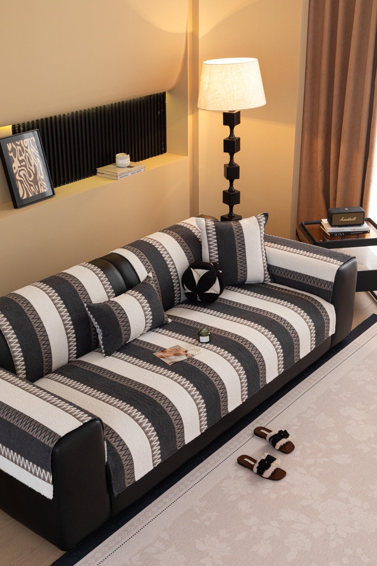 Decor Cedar Marlow Plush Stripe Sofa Seat Cover in Onyx Black Stripe - detail image for plush striped couch cover pieces in United States