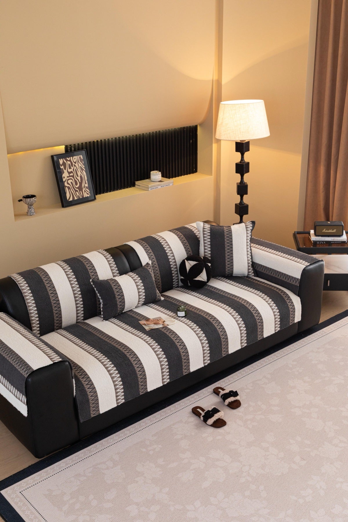 Decor Cedar Marlow Plush Stripe Sofa Seat Cover in Onyx Black Stripe - detail image for plush striped couch cover pieces in United States