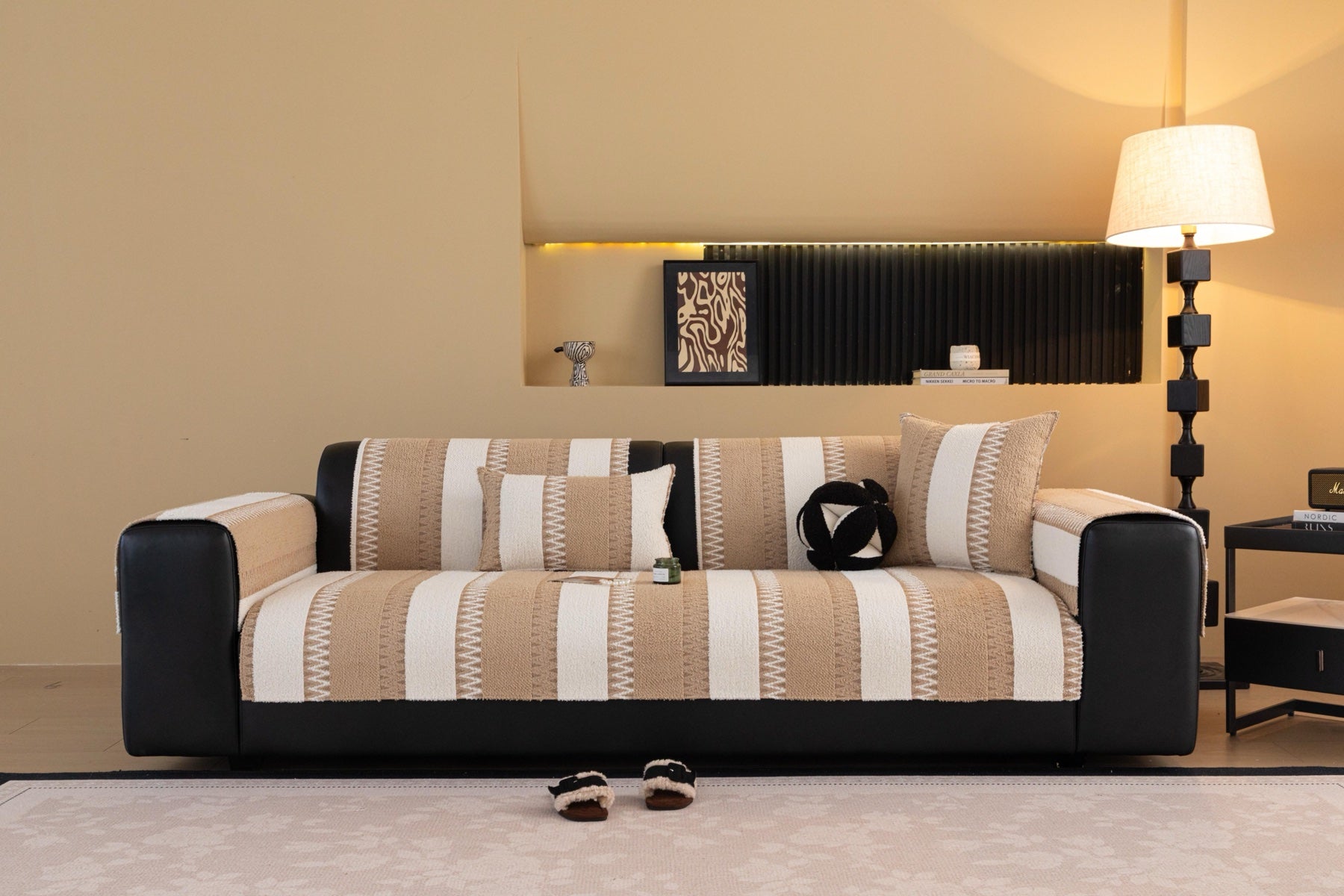 Decor Cedar Marlow Plush Stripe Sofa Seat Cover in Sand Beige Stripe - lifestyle image for plush striped couch cover pieces in United States
