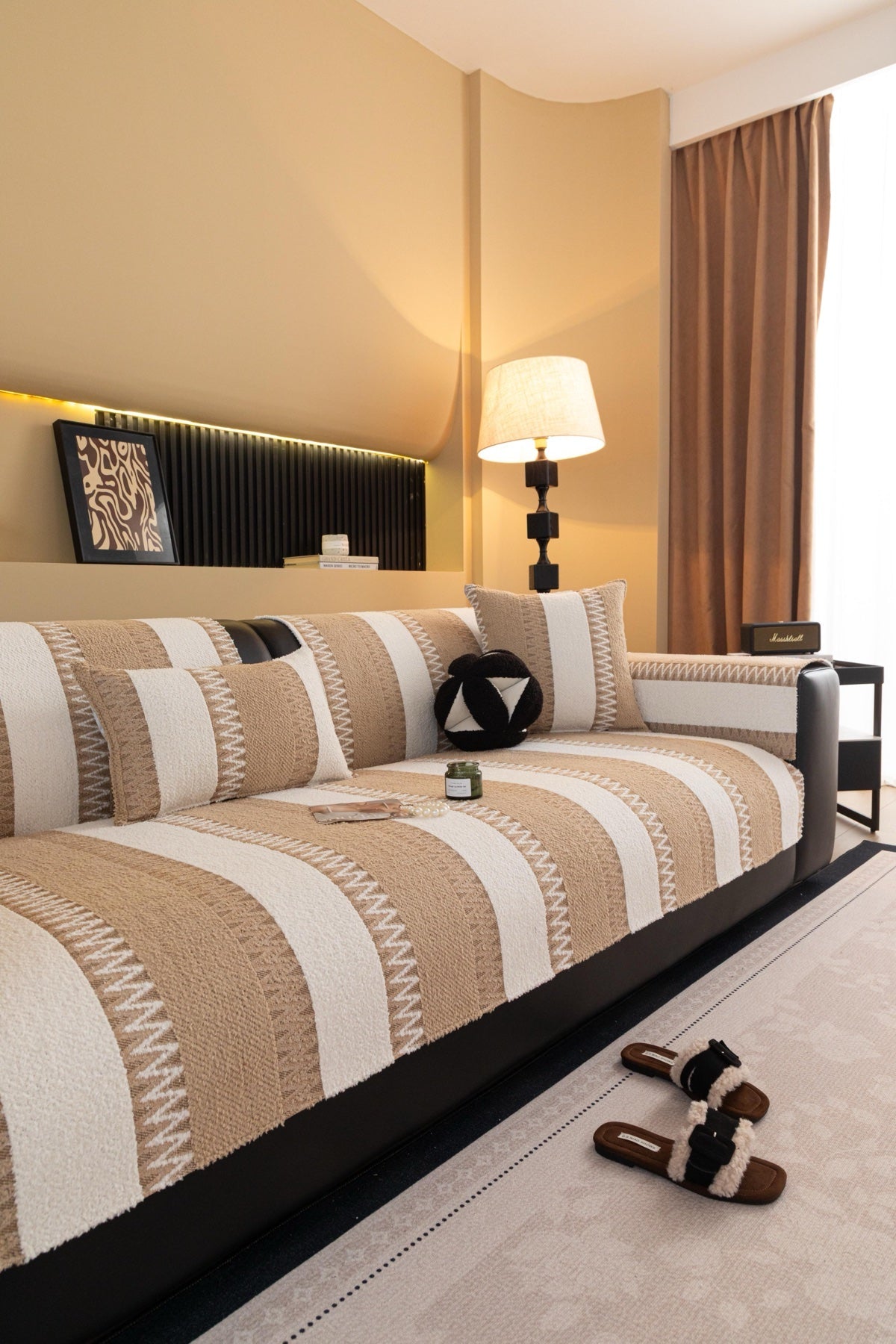 Decor Cedar Marlow Plush Stripe Sofa Seat Cover in Sand Beige Stripe - detail image for plush striped couch cover pieces in United States