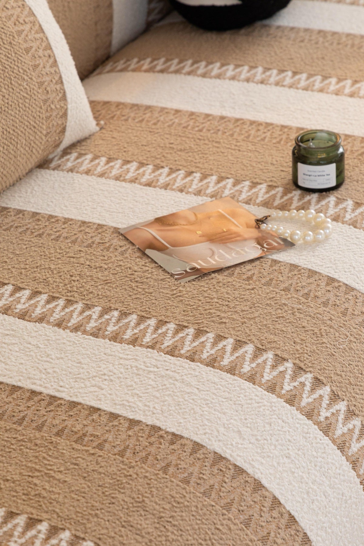 Decor Cedar Marlow Plush Stripe Sofa Seat Cover in Sand Beige Stripe - detail image for plush striped couch cover pieces in United States