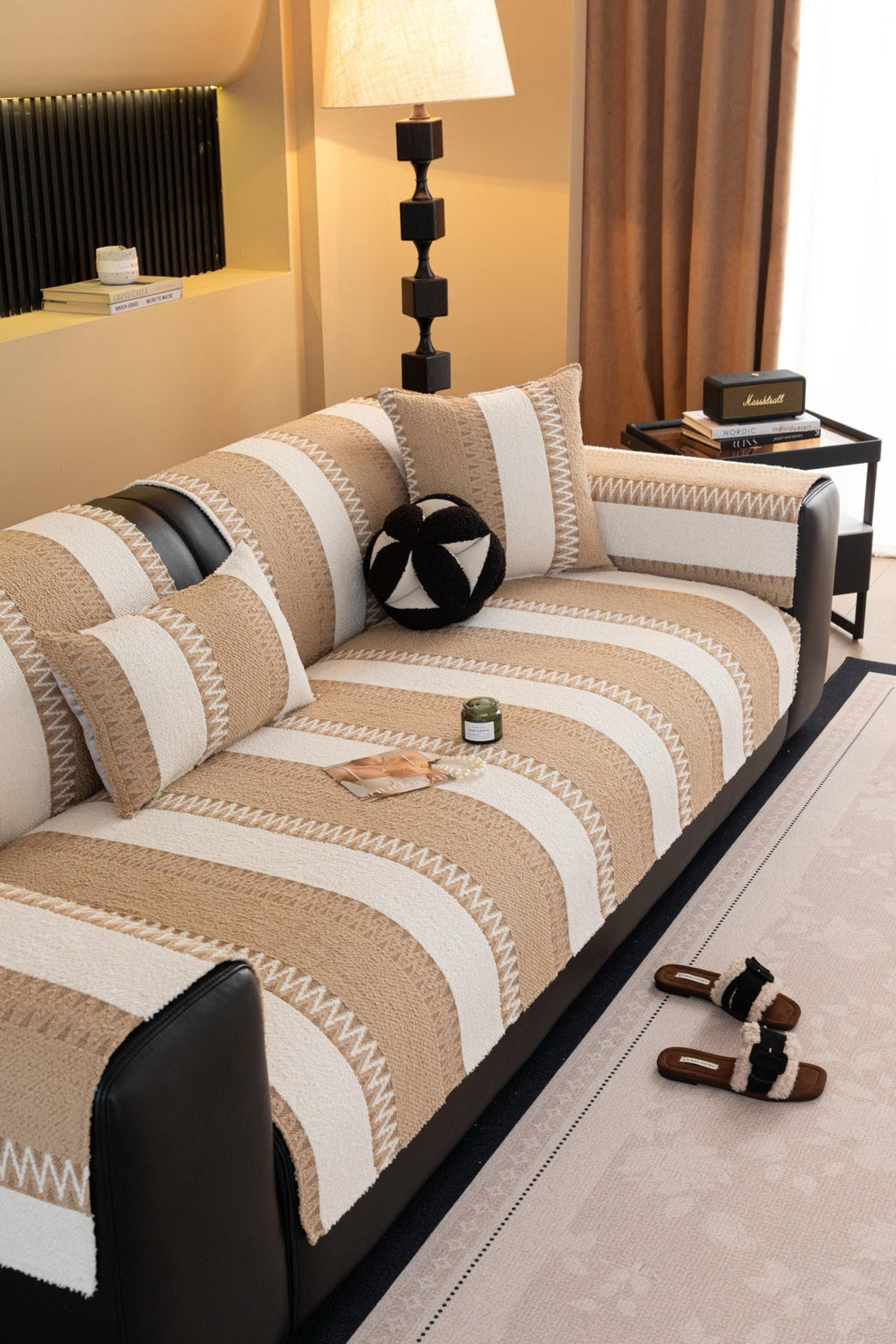 Decor Cedar Marlow Plush Stripe Sofa Seat Cover in Sand Beige Stripe - detail image for plush striped couch cover pieces in United States