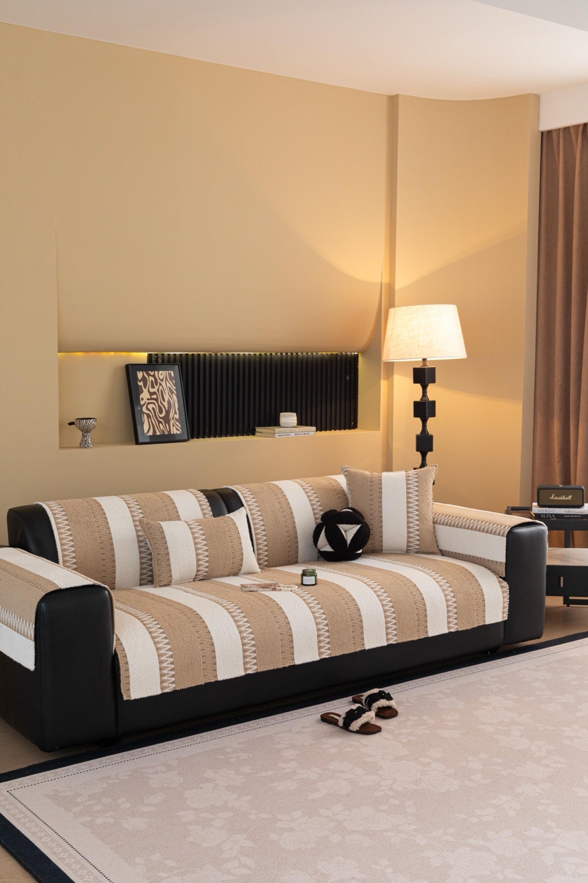Decor Cedar Marlow Plush Stripe Sofa Seat Cover in Sand Beige Stripe - detail image for plush striped couch cover pieces in United States