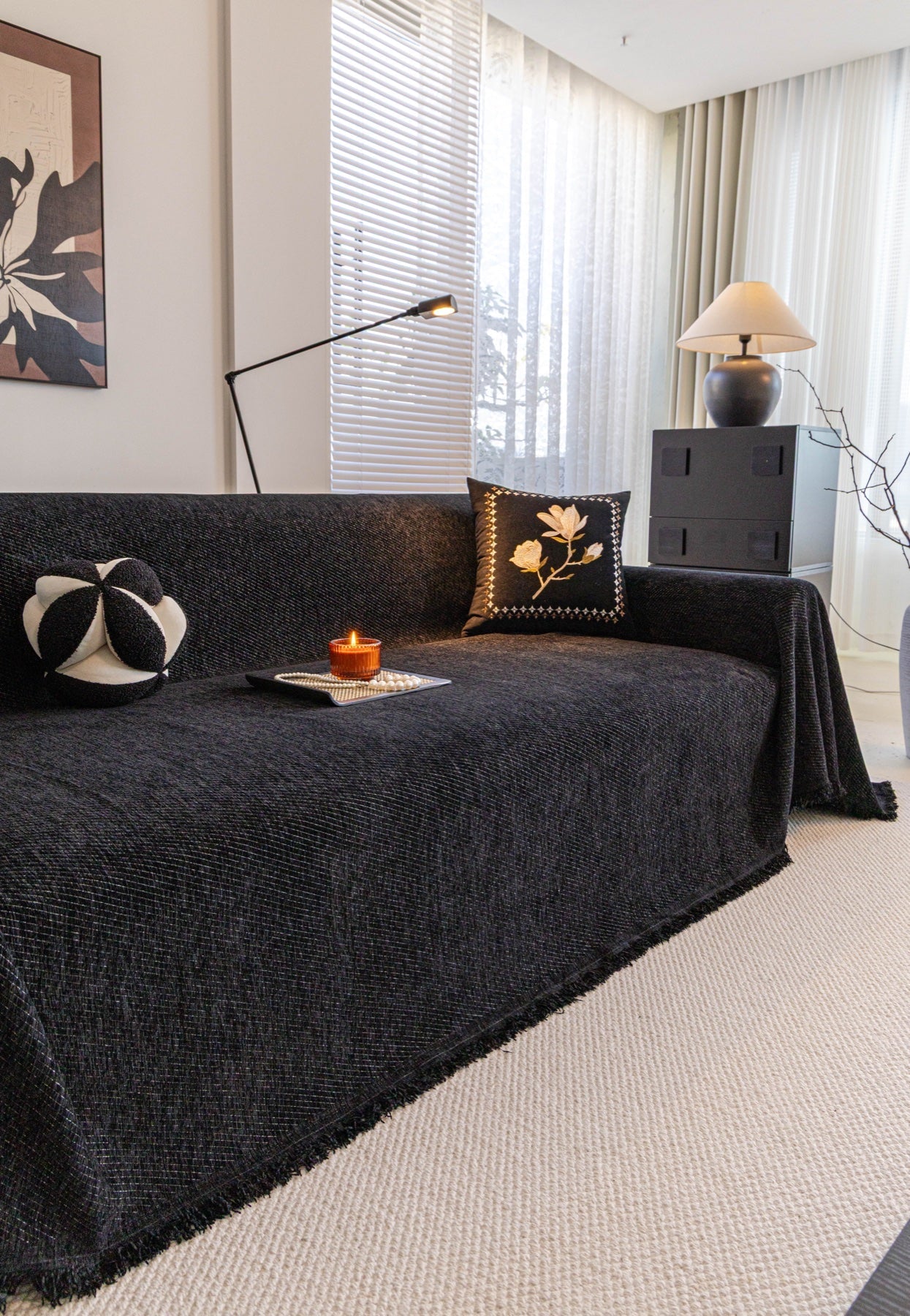 Decor Cedar Milano Ribbed Fringe Sofa Throw Cover in Charcoal Black - ribbed sofa throw cover styled couch cover in United States, image 25