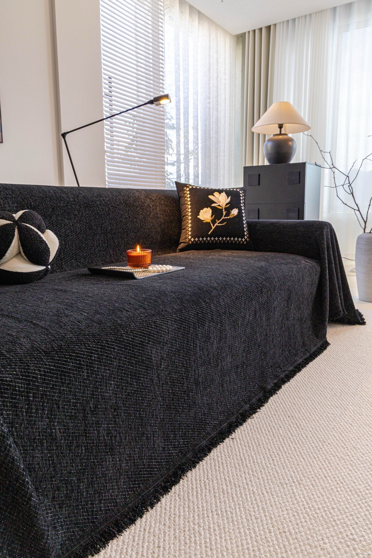 Decor Cedar Milano Ribbed Fringe Sofa Throw Cover in Charcoal Black - ribbed sofa throw cover styled couch cover in United States, image 26