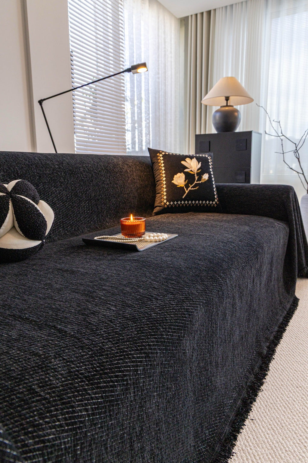 Decor Cedar Milano Ribbed Fringe Sofa Throw Cover in Charcoal Black - ribbed sofa throw cover styled couch cover in United States, image 27