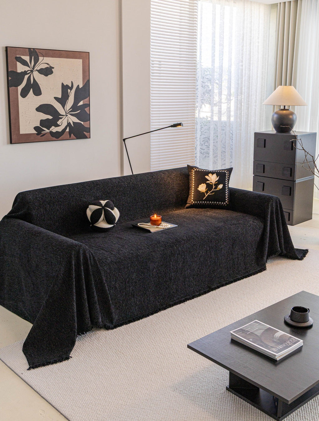 Decor Cedar Milano Ribbed Fringe Sofa Throw Cover in Charcoal Black - ribbed sofa throw cover styled couch cover in United States, image 29