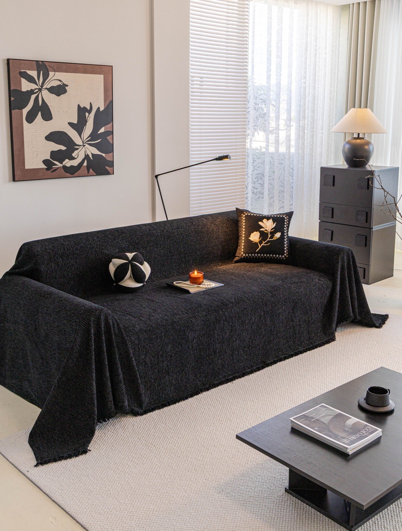 Decor Cedar Milano Ribbed Fringe Sofa Throw Cover in Charcoal Black - ribbed sofa throw cover styled couch cover in United States, image 29