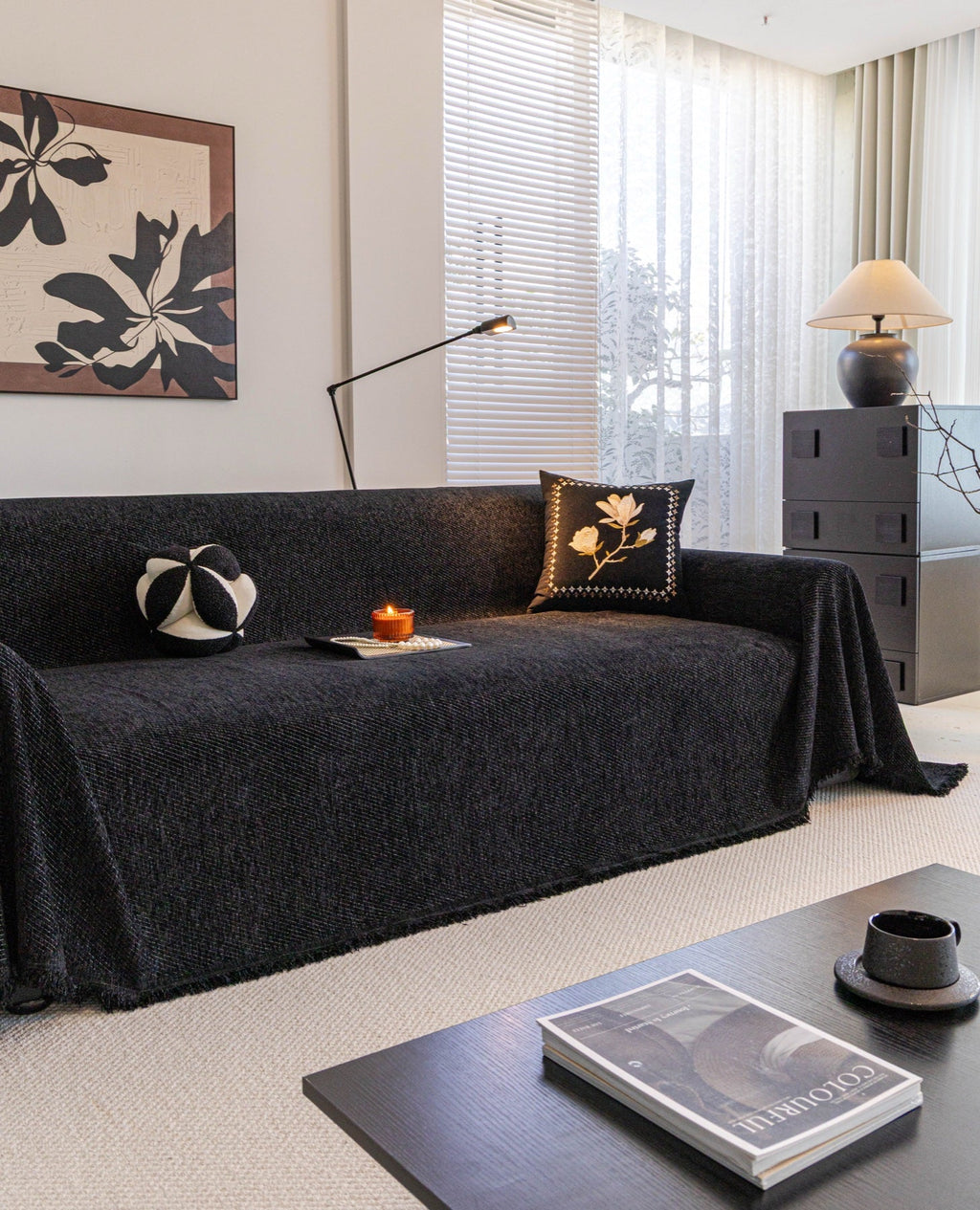 Decor Cedar Milano Ribbed Fringe Sofa Throw Cover in Charcoal Black - ribbed sofa throw cover styled couch cover in United States, image 30