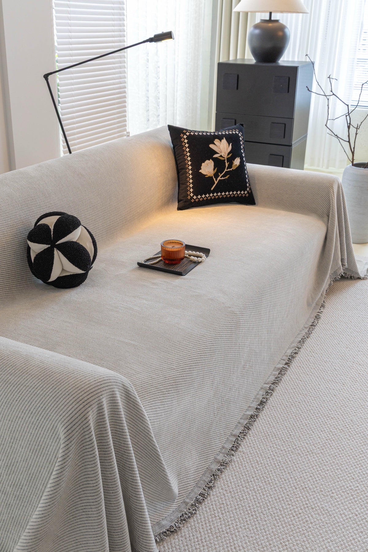 Decor Cedar Milano Ribbed Fringe Sofa Throw Cover in Cloud Gray - ribbed sofa throw cover styled couch cover in United States, image 37