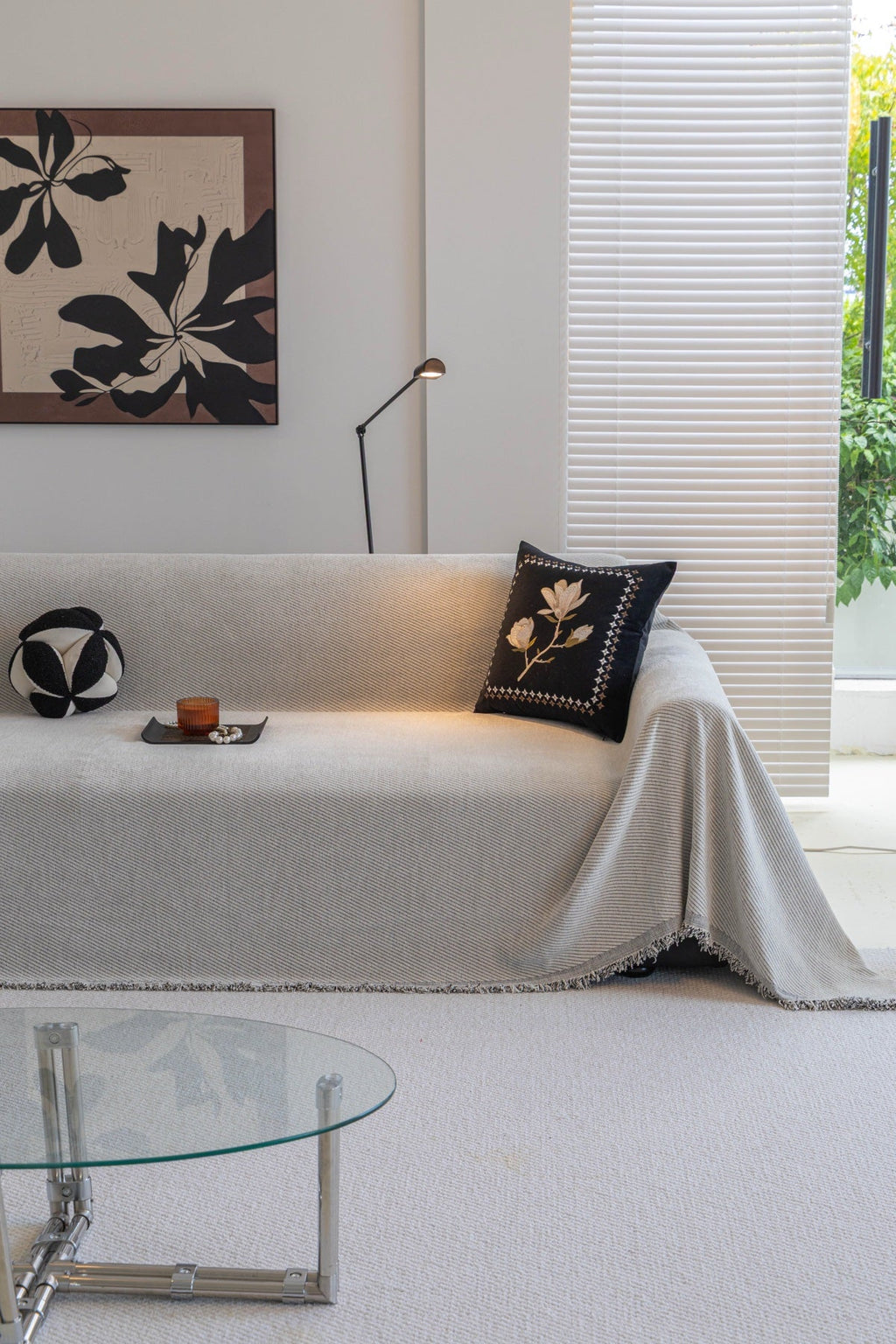 Decor Cedar Milano Ribbed Fringe Sofa Throw Cover in Cloud Gray - ribbed sofa throw cover styled couch cover in United States, image 42
