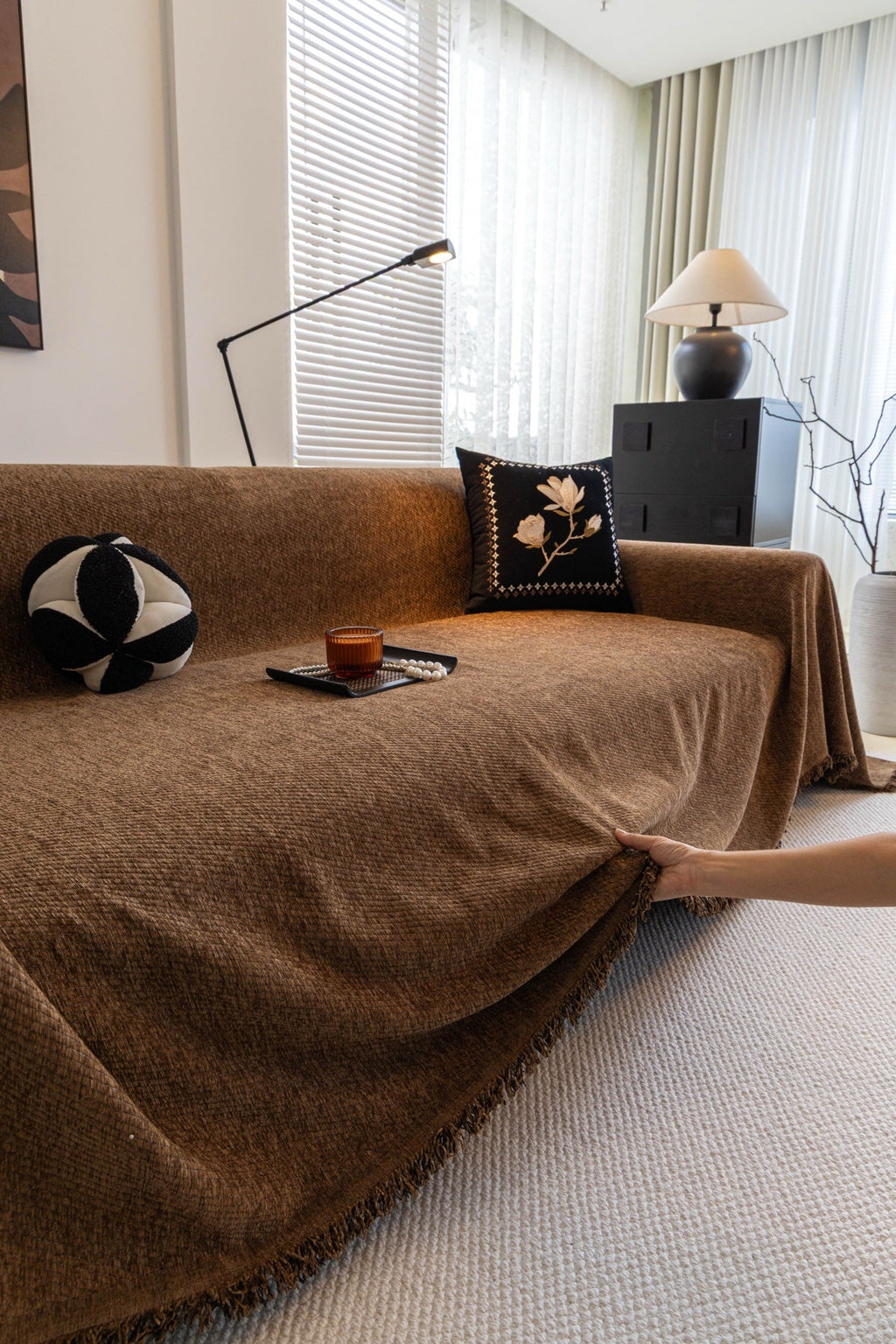 Decor Cedar Milano Ribbed Fringe Sofa Throw Cover sofa throw cover in United States - lifestyle fit detail 4
