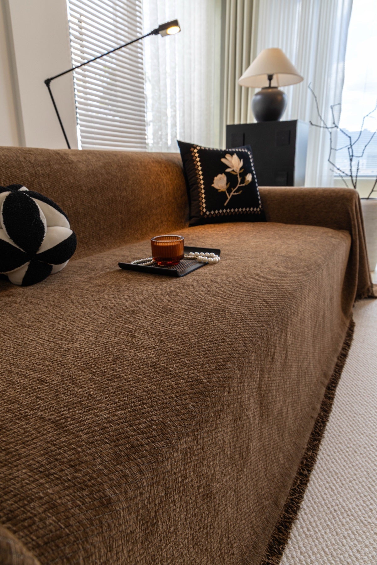 Decor Cedar Milano Ribbed Fringe Sofa Throw Cover in Cocoa Brown - ribbed sofa throw cover styled couch cover in United States, image 5