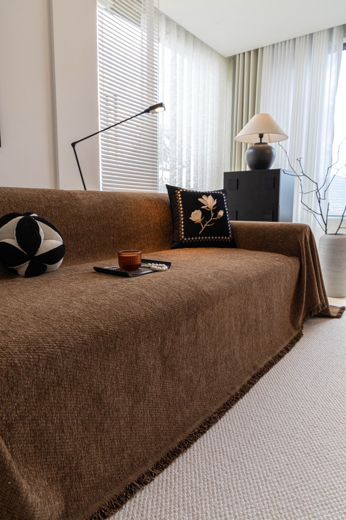 Decor Cedar Milano Ribbed Fringe Sofa Throw Cover in Cocoa Brown - ribbed sofa throw cover styled couch cover in United States, image 6